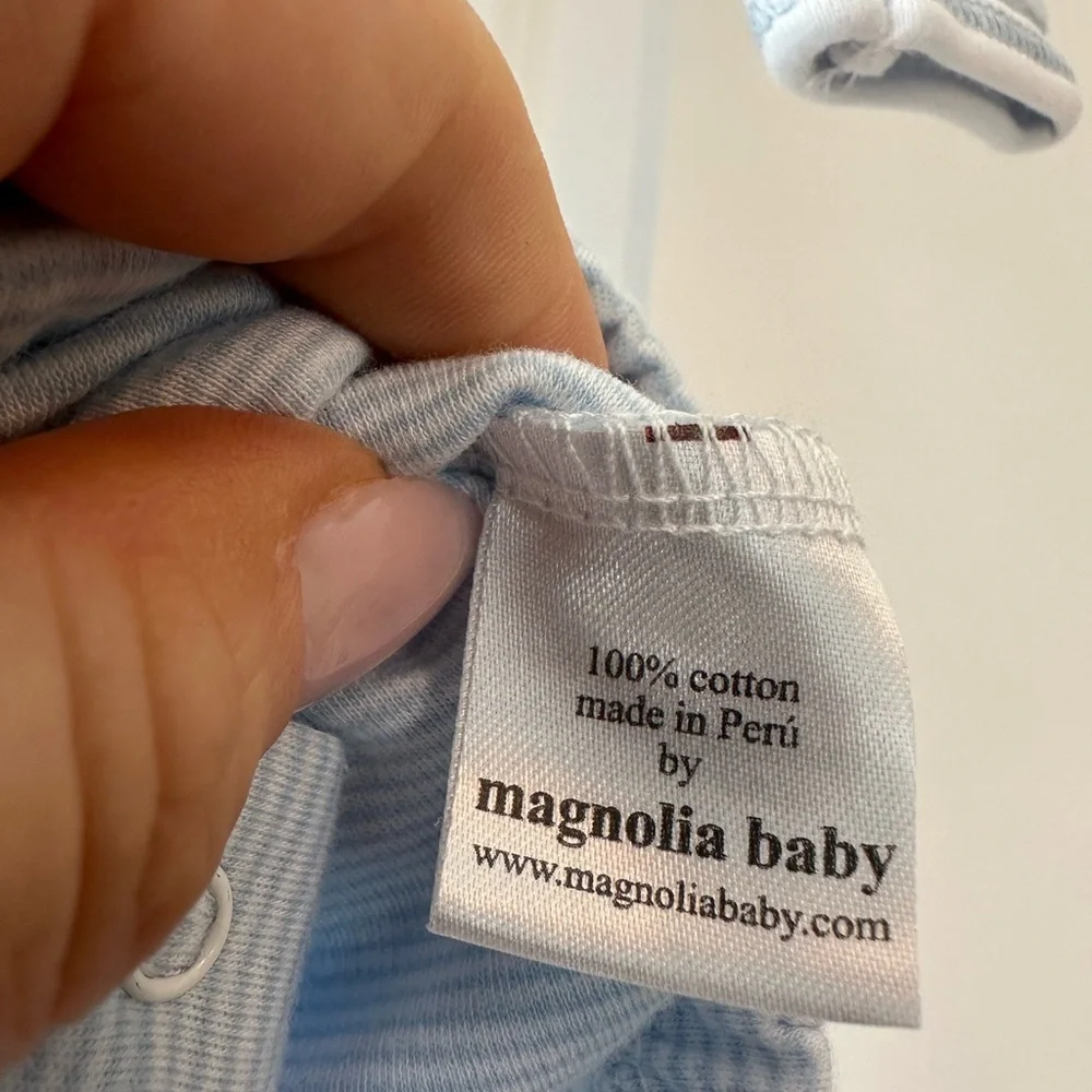 Magnolia Baby Train Embroidered Convertible Gown Blue & White Striped (Sz M/6M)